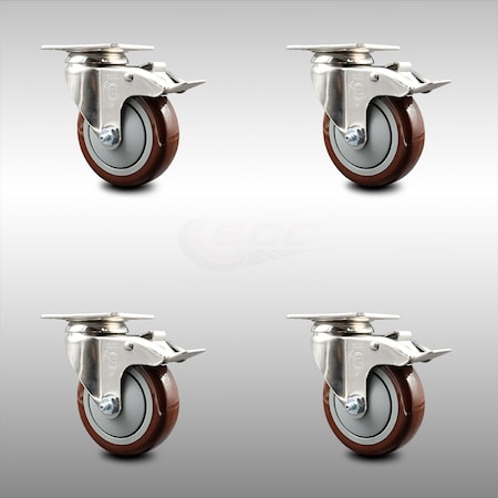 Service Caster 4 Inch 316SS Maroon Polyurethane Swivel Top Plate Caster Set Total Lock Brake SCC-SS316TTL20S414-PPUB-MRN-4